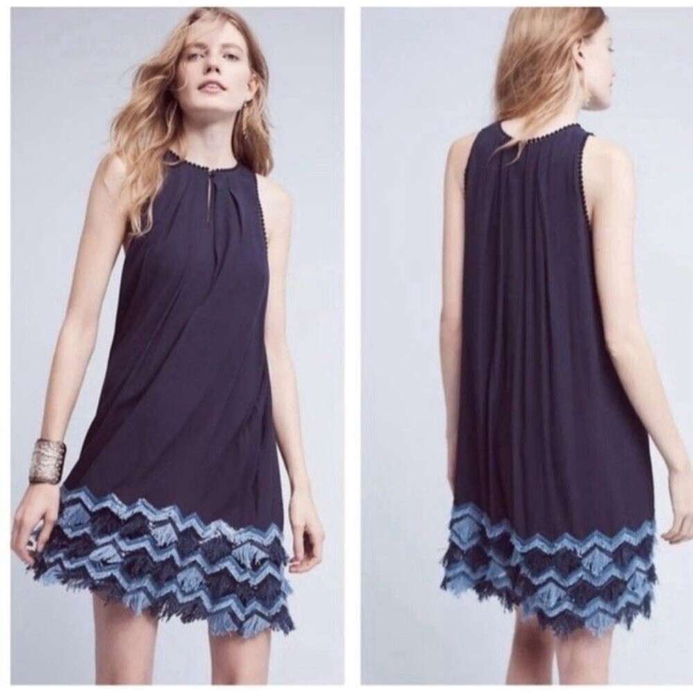 Anthropologie Maeve Navy Halter Dress Size 10 Keyhole Fringe Sequin Sleeveless